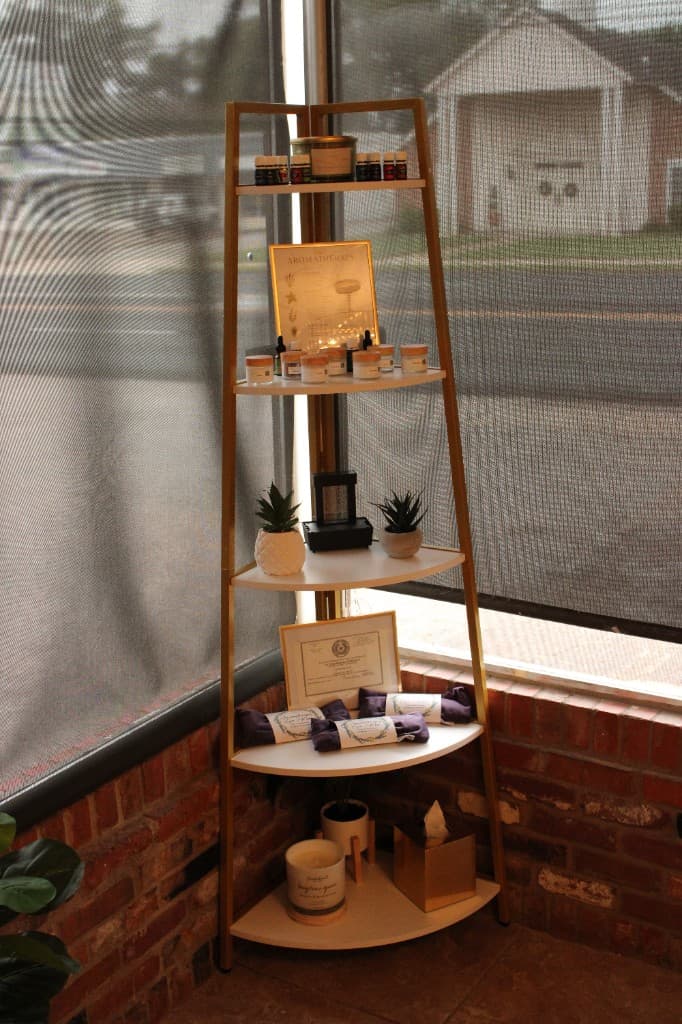 Retail display of aromatherapy products and professional credentials